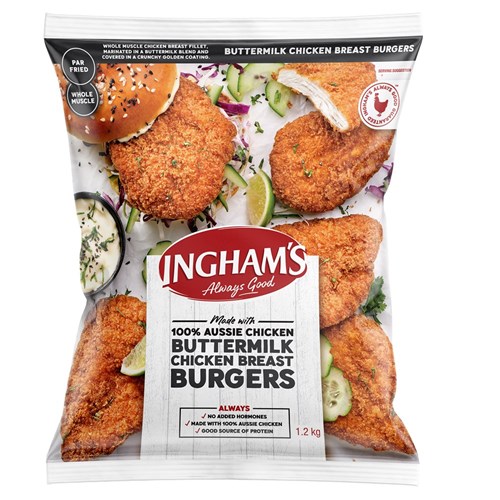 CHICKEN BURGER BUTTERMILK BREAST (12 X 100GM) (5) # 5536000 INGHAMS